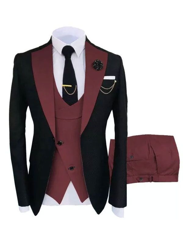 Men Wedding Prom Slimfit Burgundy 3 Piece Tuxedo Suit